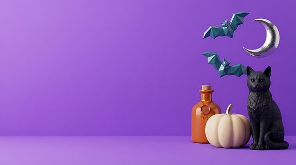 Halloween, Černá Kočka, Dýně, Netopýři