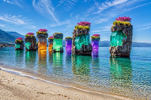 水晶, 柱子, 水, 海, 海滩, 花, 岩石, 天空, 山脉, 反射, 有趣