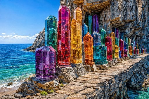 水晶, 悬崖, 海, 阳光, 海洋, 石头, 小径, 色彩斑斓, 蓝天, 独特