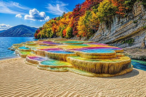 水, 彩虹, 沙, 海岸, 石, 湖, 树, 秋天的颜色, 自然, 美丽的景观