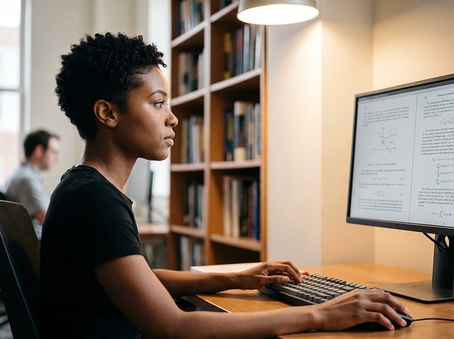 Frau, Student, Bibliothek, Computer