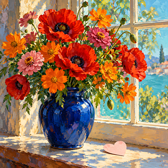 Bukett, Blomster, Vindu, Vase, Blå Vase