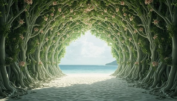 Tunel, Pláž, Fantazie, Stromy, Moře