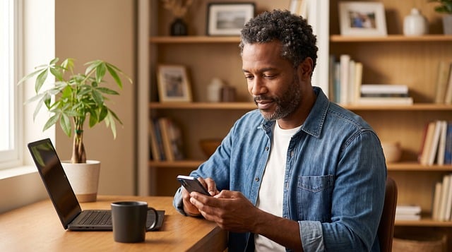 Man, Smartphone, Thuiskantoor, Laptop