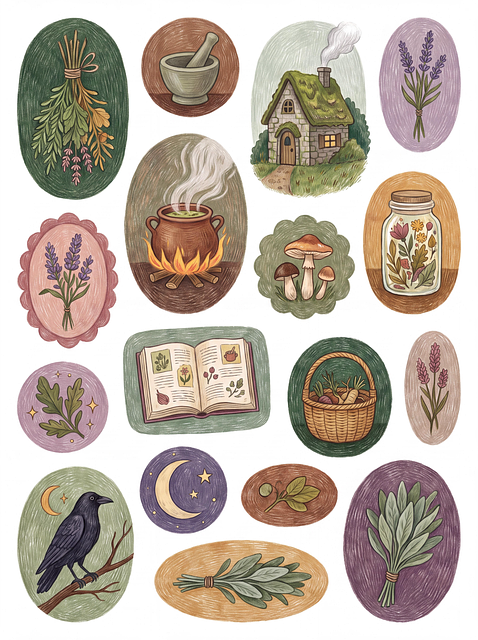 Free stickers herbs cauldron fire illustration