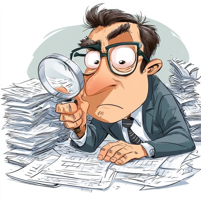 Cartoon, Man, Vergrootglas, Document
