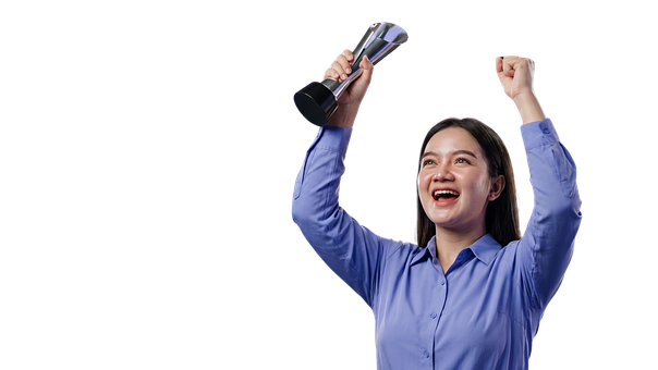Frau, Trophäe, Feiern, Freude, Erfolg