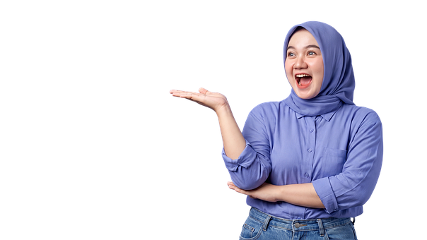 Frau, Hijab, Lachen, Blaues Hemd