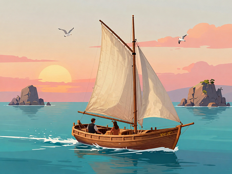 Veleiro, Mar, Pôr Do Sol, Pássaros, Ilha