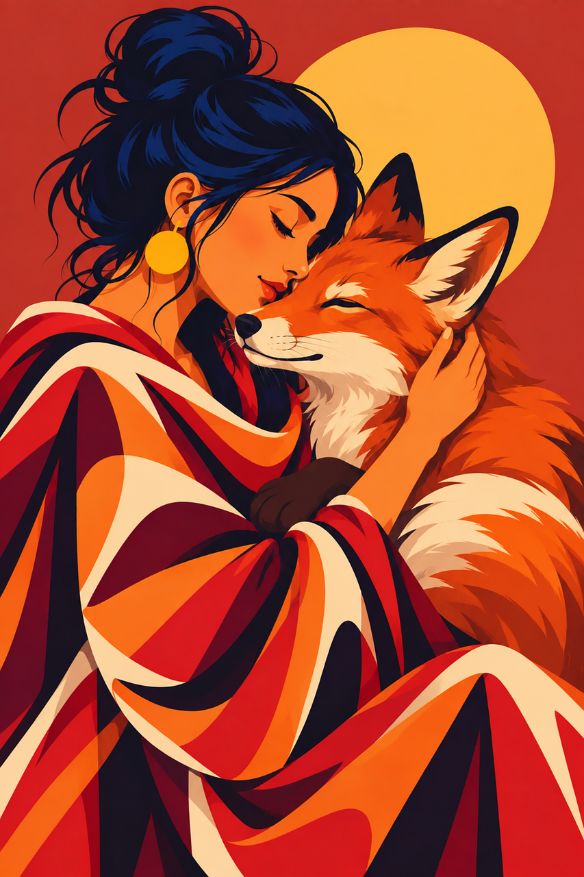 Free woman with fox red fox fox illustration vector