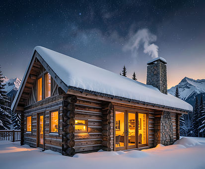 Cabana De Lemn, Peisaj De Iarnă, Munți