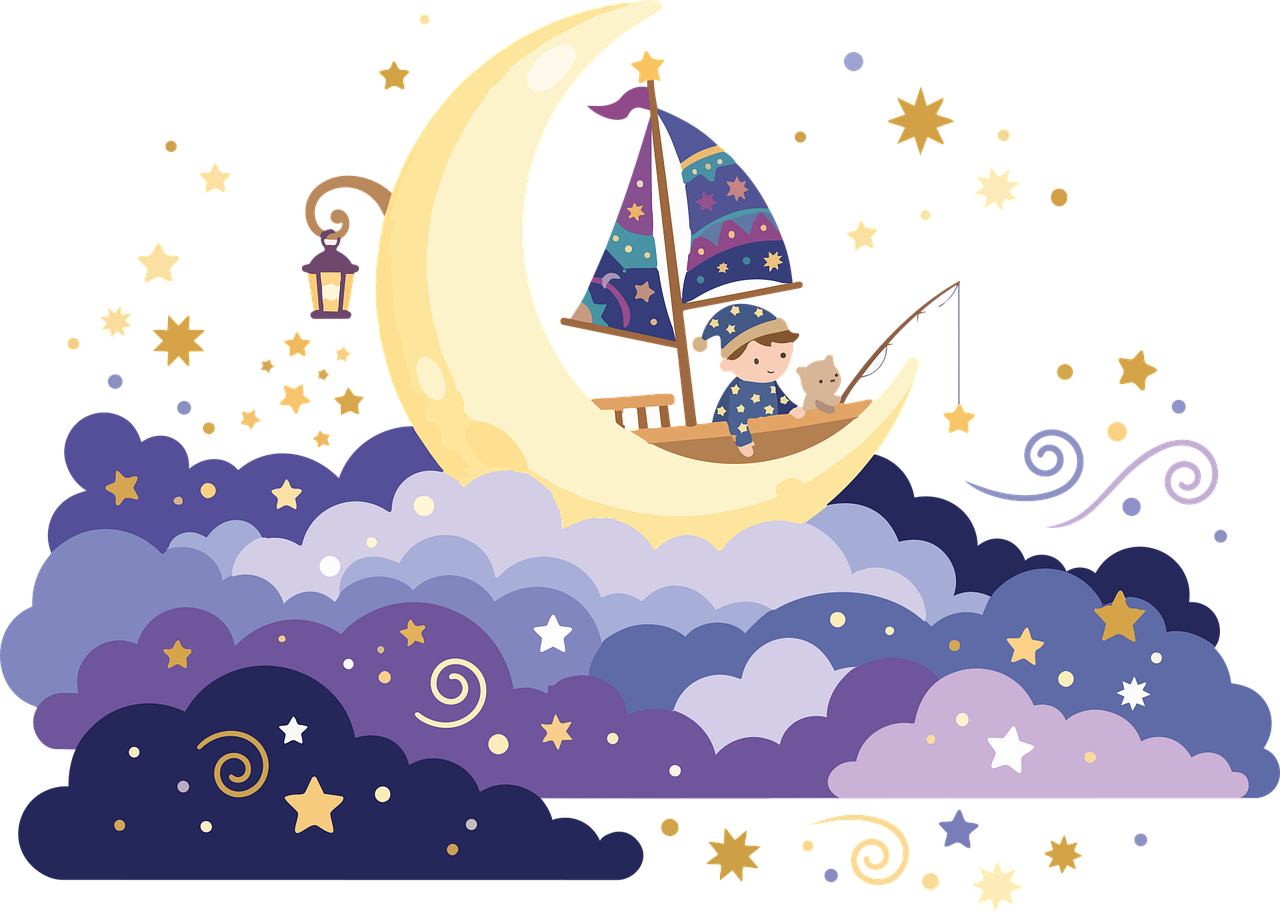 Niño en bote lunar en cielo nocturno ilustración - Pixabay