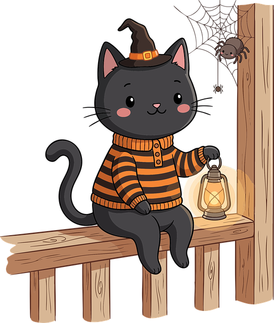 Use Handrail Vector Png Cute Halloween black cat with lantern Illustration - Pixabay