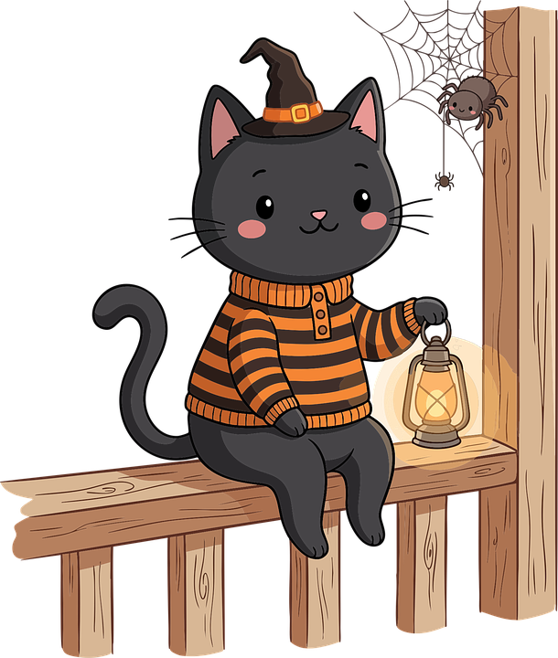 Use Handrail Vector Png Cute Halloween black cat with lantern Illustration - Pixabay