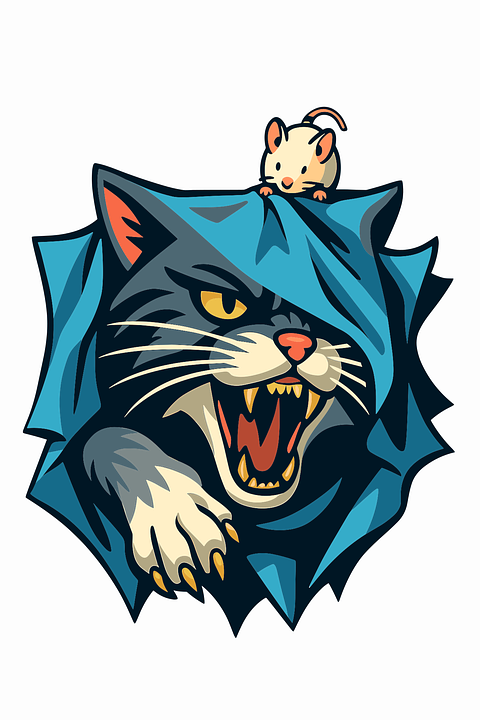 Cat and mouse tearing blue fabric illustration - Pixabay