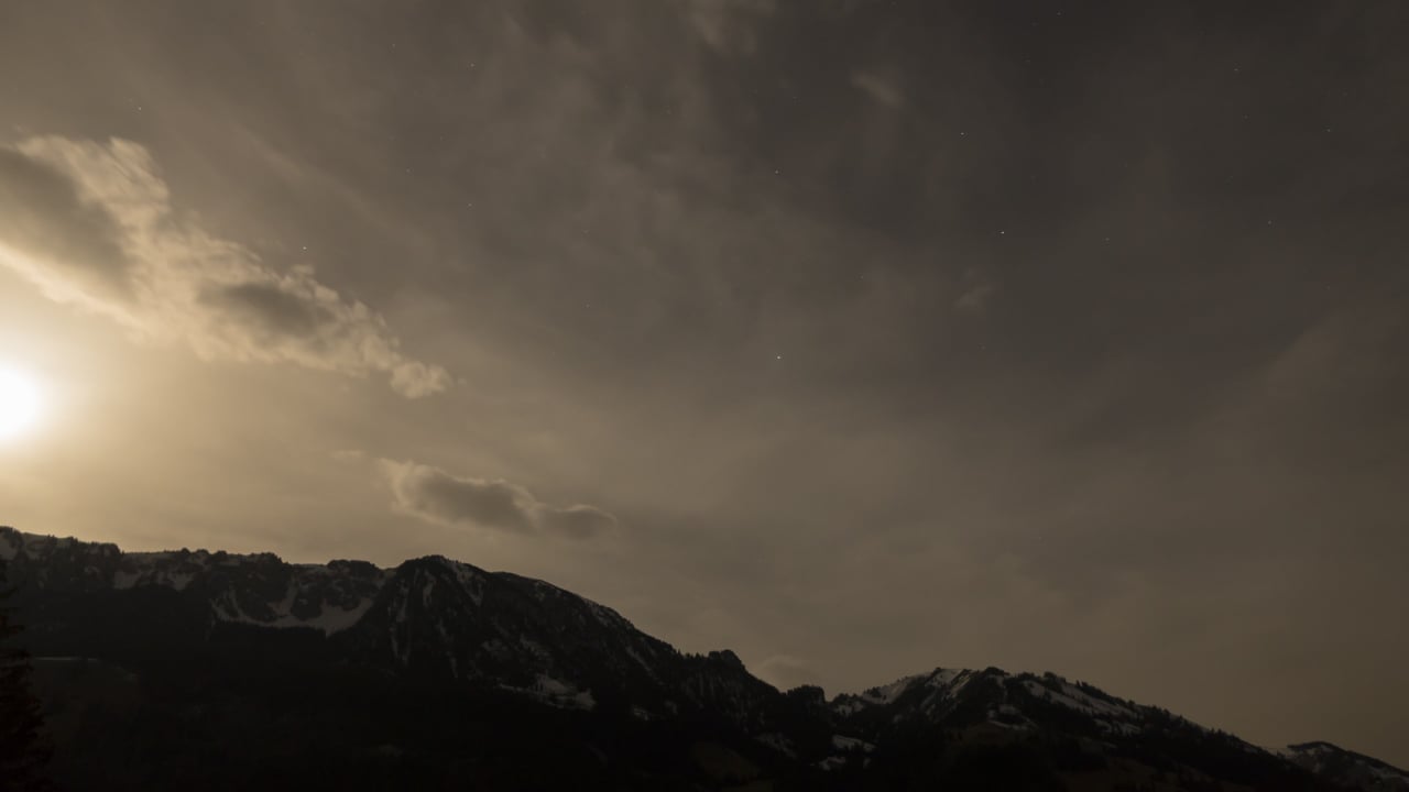 clouds, stars, full moon, night sky, light, mood, landscape, mountains, time lapse, timelapse