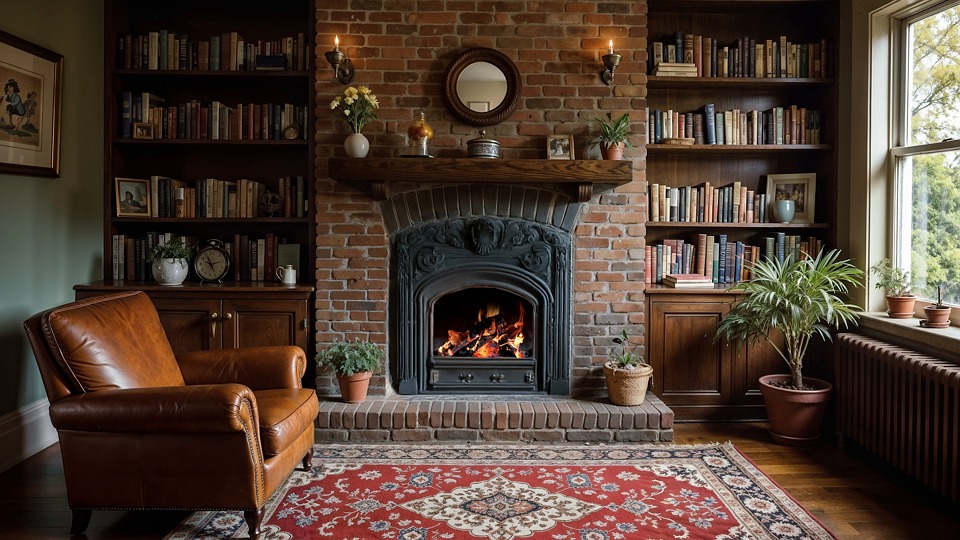 fireplace, home, house, nature, firewood, cozy, relaxing, library, read, peaceful, rain, raining, living room, chill, soothing, chair, ai generated