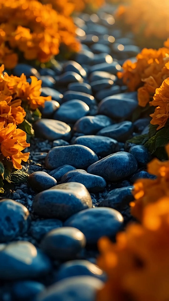 flowers, orange, path, stone, sunlight, bright, nature, garden, blossom, colorful, landscape, flora, bloom, beauty, petals, rocky, contrast, spring, sunshine, greenery, peaceful, serene, warmth, vibrant, ai, ai generated