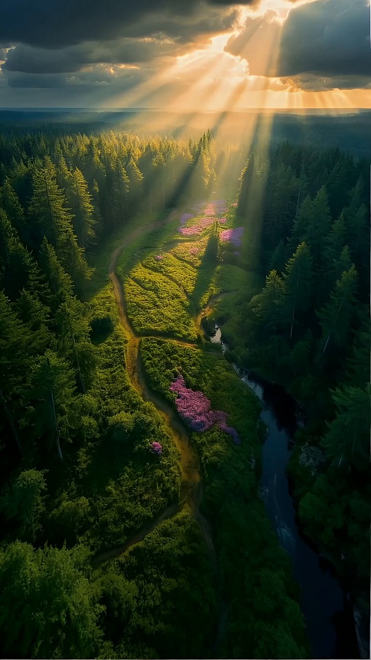 forest, sunbeams, light, flowers, path, trail, green, pink, nature, aerial, drone, trees, spring, stream, glow, sunlight, blooms, peaceful, wilderness, scenic, landscape, sky, clouds, serene, ai, ai generated