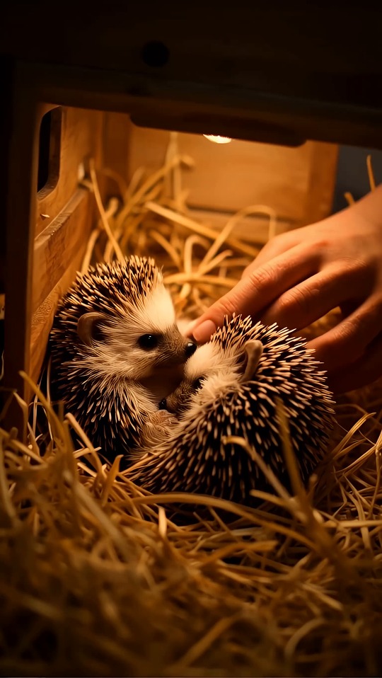 ai generated, hedgehogs, baby, light, warm, cozy, nest, straw, wooden, box, hands, care, cute, animal, love, pet, spikes, small, tenderness, night, nature, safe, hug, fur, peaceful