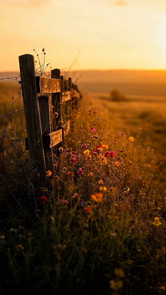 sunset, fence, wildflowers, nature, light, meadow, flowers, field, golden, rural, landscape, wood, summer, peace, softness, colorful, pastel, countryside, flora, petals, grass, evening, serene, calm, ai, ai generated