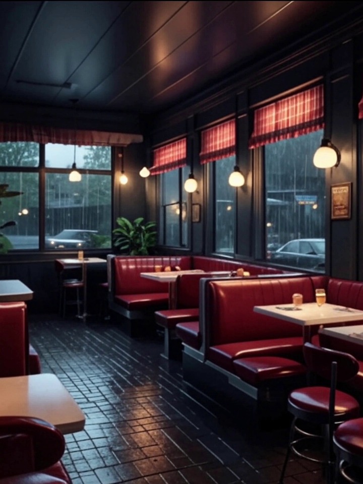 diner, restaurant, interior, retro, cozy, rainyday, ai generated, lighting, urban, cozy diner, red booth, window view, cozy restaurant, rain on window