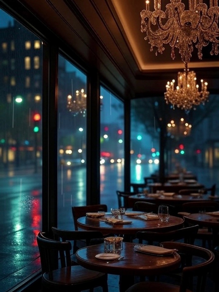 cozy cafe, rainy night, city lights, warm interior, moody lighting, empty restaurant, night ambiance, urban evening, chandelier light, window reflections, modern bistro, rainy window, coffee shop, nighttime view, romantic cafe, peaceful setting, elegant interior, soft glow, street reflections, downtown atmosphere, night out, ai generated