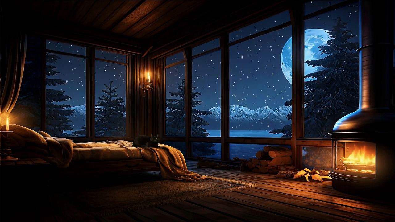 cozy, bedroom, nature, fireplace, winter, snowing, snow, wintry, animated, ai generated