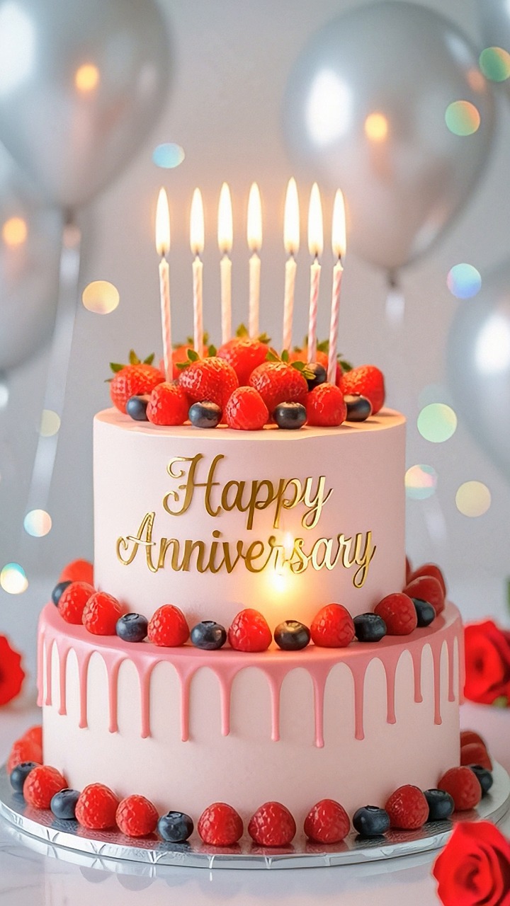 cake, dessert, food, sweet, happy anniversary, candles, anniversary, party, celebration, wedding, celebrate, cheers, romantic, festive, balloons, love, gift, ai generated