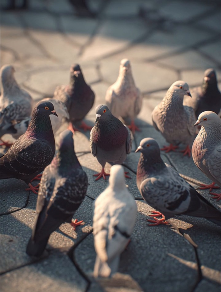 pigeon, urban wildlife, funny animal, surreal realism, meeting, birds, humor, cinematic, city square, street life, wildlife photography, surreal moment, urban scene, realistic feathers, group behavior, creative wildlife, photorealism, humor photography, curiosity, everyday humor, funny birds, contrast, real life irony, observation, street nature, ai generated