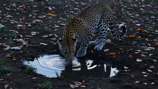 leopard, animal, wild, forest, puddle, reflection, natural, beast, brown, pattern, grass, leaf, deciduous leaves, observation, ecology, predator, africa, feline, beautiful, tranquility, realistic, soil mechanics, life, water, landscape, generated ai
