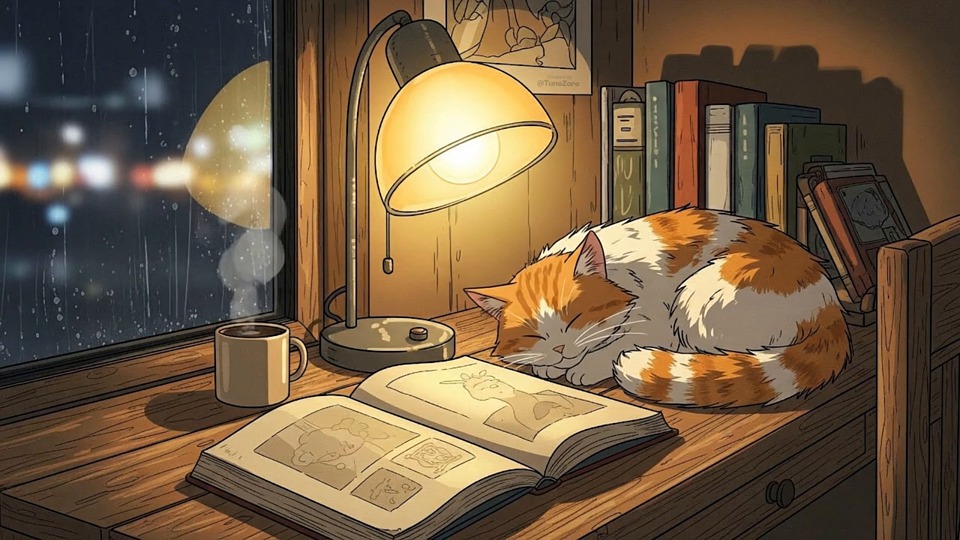 anime, lofi, cat, cozy, rain, rainy night, coffee, cup, lamp, warm light, ambience, calm, peaceful, dreamy, relaxation, study, background, loop, cozy room, book, desk, cinematic, aesthetic, serene, ai generated
