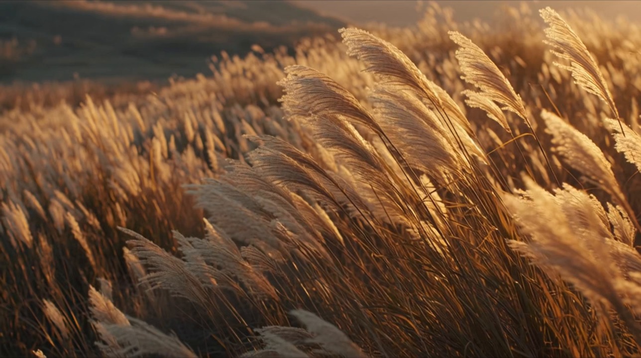 silver grass, autumn breeze, rural japan, cinematic nature, golden sunset, natural light, countryside, realistic texture, real camera, ultra realistic, soft sunlight, gentle wind, atmospheric realism, authentic japan, tall grass, autumn landscape, peaceful countryside, organic lighting, cinematic realism, nature video, quiet atmosphere, beauty of nature