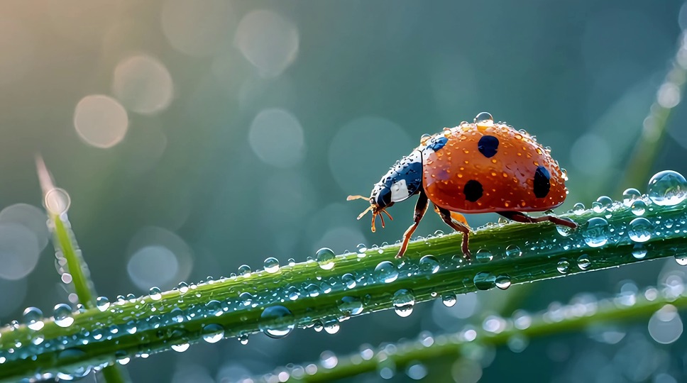 ladybug, ladybird, dew, dewdrops, grass, morning, macro, close-up, artistic, shallow depth of field, nature, red, insect, fresh, new beginnings, beauty, whimsical, garden, cute, tiny, water droplets, ai generated