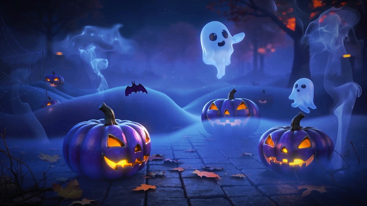 halloween, ghost, pumpkin, jack o lantern, spooky, background, loop, night, creepy, fog, mist, bat, woods, forest, eerie, dark, motion graphics, digital art, supernatural, haunted, scary, holiday, celebration, october, ai generated