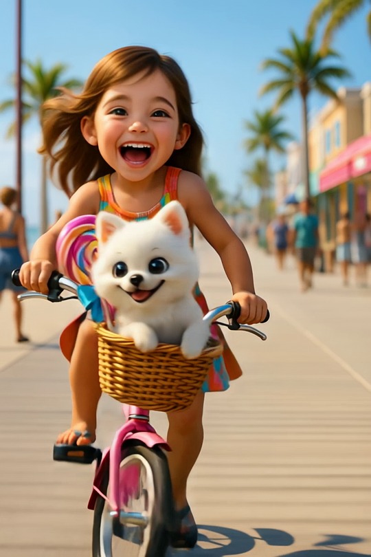 little girl, bike, puppy, promenade, summer, happiness, mascot, joy, fun, sun, costa, childhood, friendship, adventure, movement, rose, basket, wicker, holiday, family, pets, generated by ai