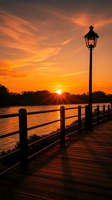 sunset, bridge, boardwalk, golden hour, river, peaceful, nature, evening light, silhouette, tranquil, scenic, warm tones, vintage light, outdoor, reflection, sky, travel, landscape, calm, romantic, ai generated