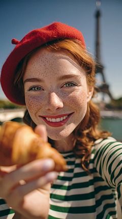 woman, paris, eiffel tower, croissant, beret, redhead, freckles, french, fashion, style, portrait, travel, holiday, europe, city, architecture, food, breakfast, joy, happiness, nostalgia, travels