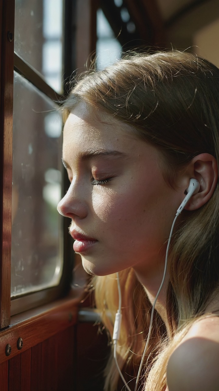 portrait, woman, young, look, window, light, sun, melancholia, contemplation, beauty, freckles, reddish hair, headphones, privacy, reflection, silence, nature, inside, atmosphere, photography, art, train, generated by ai