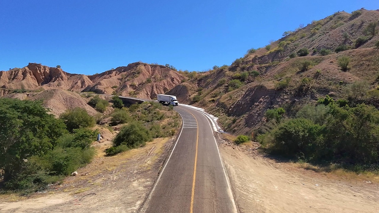 trailer, drone, landscape, desert, road, trip, merchandise, transport