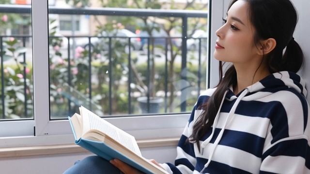 women, japanese, reading, book, indoor, by the window, natural, relax, calm, smile, portrait, life, casual, hoodie, black hair, young woman, learning, intellectual, education, study, everyday, generated ai