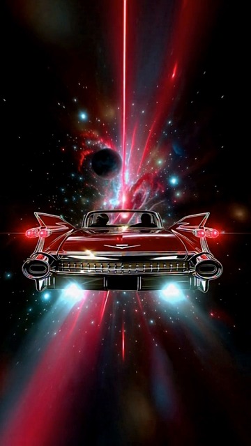 classic, convertible, oldtimer, red, cosmos, universe, travel, adventure, fantasy, futuristic, synthwave, the 80's, 3d, motion graphics, background, walk, vertical video, wallpaper, dream, hyperspace, warp speed, planets, milky way, ai generated