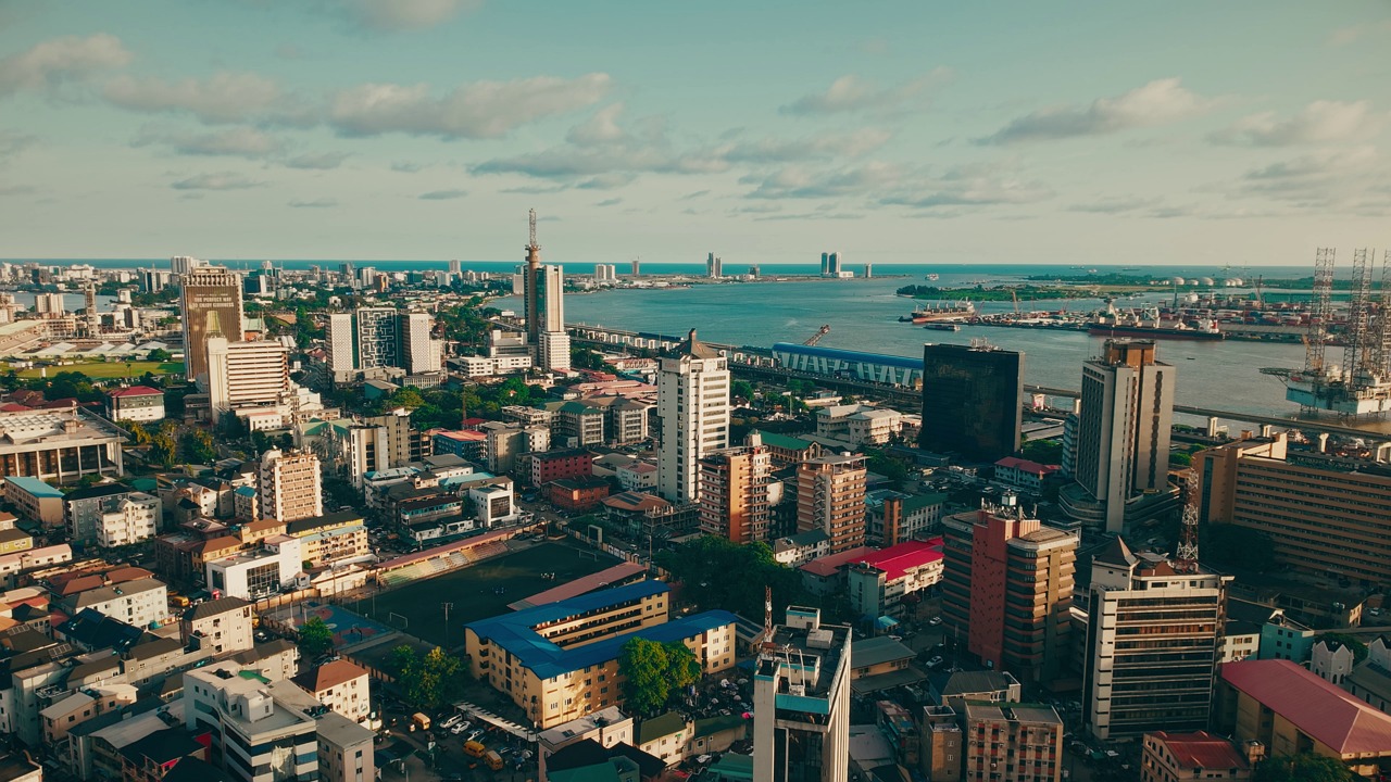 buildings, lagos island, lagos state, nigeria, ariel, skyline, done shot, marina, seaport, lagos, aerial cityscape, cityscape, beautiful skyline, atlantic ocean, sealife, aerial ocean, city traffic, ship, africa, modern urban life, urban life, african sunset
