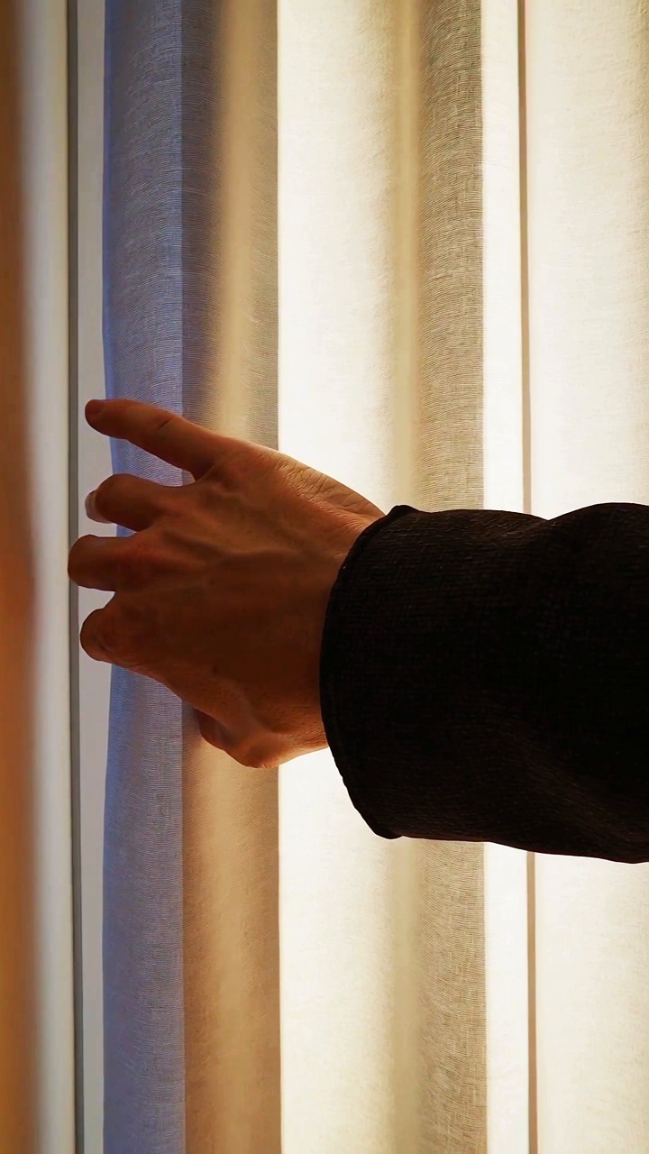 hand, opening curtains, window, open, house, drapery, portrait, night, skyscrapers, cityscape, apartment, view, bedroom, night sky, warm light, stars, cinematic, cool tone, architecture, 4k, stock video, transition, environment, nature, ai generated