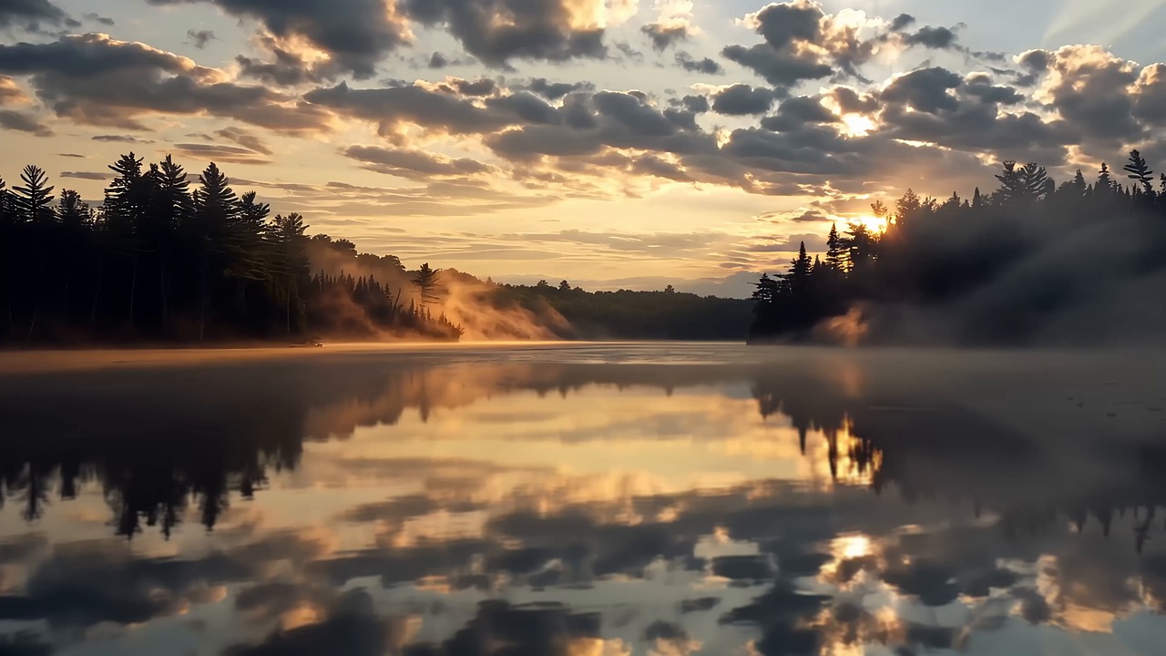 river, sunset, reflection, clouds, nature, water, forest, trees, sky, evening, travel, peaceful, calm, landscape, cinematic, sun, journey, beautiful, environment, relax, scenery, serene, tranquil, horizon, ai generated