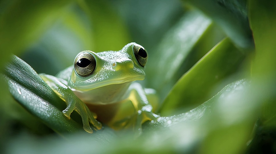 glass frog, frog, amphibian, translucent, transparent, skin, macro, artistic, internal anatomy, leaves, green, soft light, natural light, unique, wildlife, nature, science, biology, adaptation, rainforest, exotic, detailed, delicate, beautiful, education, ai generated