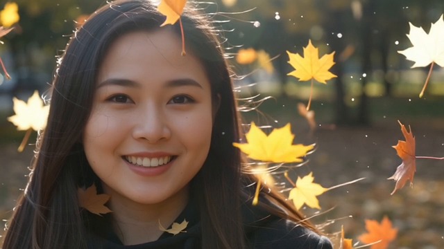 women, smile, autumn, autumnal leaves, japanese, outdoor, natural light, hair, happy, beautiful, yellow leaves, portrait, facial expression, forest, park, young woman, sunny, wind, calm, natural, season, bright, fallen leaves, sunlight, soft light, generated ai