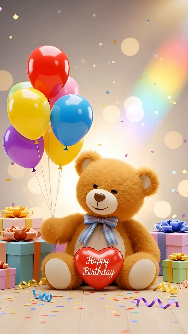 happy birthday, happy, balloons, celebration, party, congratulations, fun, colorful, cartoon, congratulation, surprise, happiness, teddy bear, teddy, bear, cute, toy, plush, childhood, presents, funny, ai generated