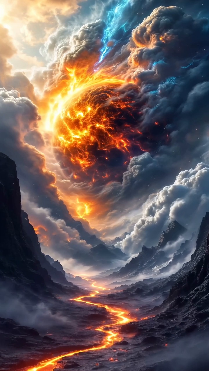 universe, planet, collision, impact, event, valley, cataclysm, energy, sky, explosion, apocalypse, galaxy, cosmos, stars, clouds, cinematic, light, nebula, destruction, drama, space, atmosphere, mountains, fire, gravity, ai generated