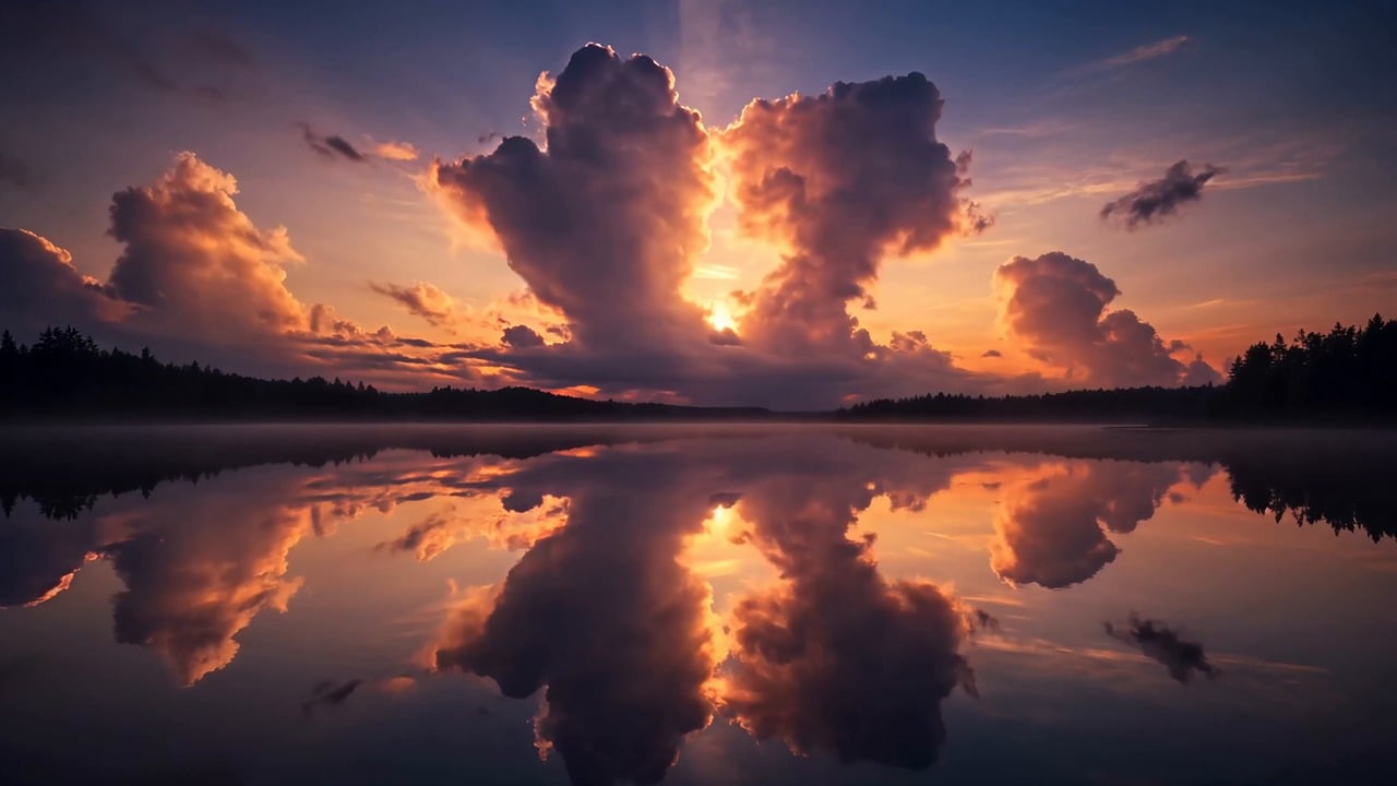 sunset, reflection, symmetry, lake, clouds, sky, mirror, twilight, colors, evening, peace, nature, serenity, horizon, calm, light, water, tranquility, beauty, landscape, dream, atmosphere, stillness, glow, ai generated